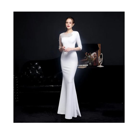 White Evening Gown Lace & Crystal Half Trumpet Dress Floor Length Formal Dress - Picture 6 of 6